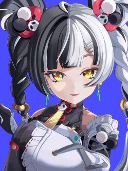 1girl absurdres bare_shoulders black_hair breasts detached_sleeves dialyn_(zenless_zone_zero) earrings hair_ornament hairclip highres jewelry looking_at_viewer medium_breasts multicolored_hair open_mouth riarts16 smile solo split-color_hair twitter_username white_hair yellow_eyes zenless_zone_zero