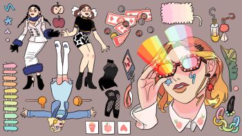 4girls adjusting_eyewear animal_print animated animated_gif apple banknote bare_legs black_dress black_footwear black_gloves black_hair black_shirt black_sleeves black_socks blonde_hair blue_dress blue_eyes blue_jacket blue_scarf blue_sleeves boots braid brown_hair candy chinese_commentary chupa_chups closed_eyes closed_mouth coat coattail_laizi collar collared_coat commentary_request cow_print cropped_shirt double_bun dress earrings eye_beam fence fingernails fishnet_dress fishnet_socks fishnets floating_earrings floral_print food fruit full_body fur-trimmed_skirt fur-trimmed_sleeves fur_scarf fur_trim gloves grey_background hair_bun hair_ornament hair_ribbon hairclip halter_dress halterneck hand_on_eyewear heart heart_print high-waist_skirt high_heel_boots high_heels hoop_earrings jacket jewelry lightning_bolt_symbol lipstick lollipop long_skirt long_sleeves looking_at_viewer looping_animation low_twin_braids makeup marking_on_cheek medium_dress miniskirt money multiple_girls name_tag open_clothes open_jacket original outstretched_arms palm_leaf palms parted_lips pencil_skirt rainbow red-framed_eyewear red_lips ribbon scarf shirt short_hair short_sleeves simple_background skirt smile socks star_on_cheek thigh_boots twin_braids unworn_dress unworn_socks upside-down white_coat white_collar white_footwear white_ribbon white_skirt white_sleeves x_hair_ornament