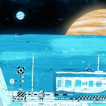 1other air_bubble artist_name backpack bag blue_jacket boom_barrier bubble cellphone commentary fish flying_fish gloves helmet highres holding holding_phone horizon jacket kazunoko_(kazunoko_zunoco) ocean original outdoors phone planet planetary_ring power_lines radio_antenna railroad_crossing railroad_tracks signature smartphone solo space space_helmet standing star_(sky) train utility_pole white_gloves