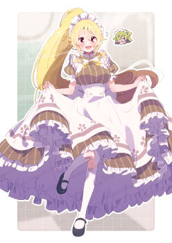 Rule 34 | 2girls, :d, alternate costume, apron, black shoes, blonde hair, blush, border, brown dress, character request, chibi, commentary request, dress, enmaided, frilled dress, frills, full body, hair between eyes, highres, long hair, looking at viewer, magia record: mahou shoujo madoka magica gaiden, mahou shoujo madoka magica, maid, maid headdress, multiple girls, open mouth, outside border, pantyhose, ponytail, red eyes, serizawa serizane, shirt, shoes, short sleeves, smile, standing, standing on one leg, striped clothes, striped dress, togame momoko, vertical-striped clothes, vertical-striped dress, white apron, white border, white pantyhose, white shirt