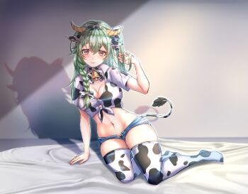 1girl animal_ears animal_print artist_request bell bikini blush bow braid breasts chinese_commentary cleavage commentary_request cow_ears cow_girl cow_horns cow_print cow_print_bikini cow_print_thighhighs cow_tail fake_animal_ears full_body green_hair hair_between_eyes hair_bow hand_in_own_hair horns huanxiang_koudai_meow indie_virtual_youtuber large_breasts long_hair looking_at_viewer micro_shorts navel neck_bell no_shoes print_bikini print_thighhighs second-party_source shadow shirt short_shorts shorts sitting smile solo swimsuit tail thighhighs thighs tied_shirt