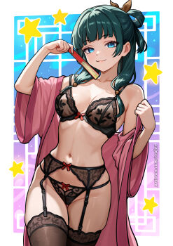 1girl black_bra black_garter_straps black_panties black_thighhighs blue_background bra breasts brown_ribbon closed_mouth collarbone commentary english_commentary floral_print garter_straps gradient_background green_hair hair_ribbon hand_fan highres holding holding_fan kusuriya_no_hitorigoto long_hair looking_at_viewer maomao_(kusuriya_no_hitorigoto) medium_breasts navel panties pink_background redjet ribbon smile solo standing star_(symbol) thighhighs underwear