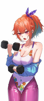 1980s_fashion 1girl absurdres bare_shoulders breasts cleavage cropped_sweater dumbbell earrings exercising highleg highleg_leotard highres holding holding_dumbbell hololive hololive_english hoop_earrings jewelry large_breasts leggings leotard off-shoulder_sweater off_shoulder official_alternate_costume open_mouth orange_hair print_leotard purple_eyes purple_leggings reflective_clothes sashal simple_background solo sweat sweater takanashi_kiara takanashi_kiara_(fever_night) virtual_youtuber white_background white_leotard