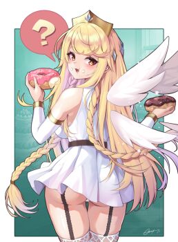 1girl ? ass bare_shoulders blonde_hair bloody0rabby blush braid breasts commentary detached_sleeves detached_wings donut dress eating erpin_(trickcal) feathered_wings food food_on_face from_behind garter_straps highres holding holding_food large_breasts long_hair long_sleeves looking_at_viewer looking_back panties red_eyes sleeveless sleeveless_dress solo spoken_question_mark thighhighs trickcal twin_braids underwear very_long_hair white_dress white_panties white_sleeves white_thighhighs white_wings wings