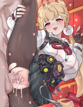 1boy 1girl :o absurdres ahegao alice_thymefield animal_ears black_skirt blonde_hair blush breasts commentary_request daram_(shappydude) fingerless_gloves gloves hair_ornament hand_on_own_leg hetero heterochromia highres indoors korean_commentary large_breasts large_variant_set long_hair orange_eyes pantyhose penis pleated_skirt red_eyes revision sex shirt skirt sphere_hair_ornament split standing standing_on_one_leg standing_sex standing_split sweat torn_clothes torn_pantyhose uncensored vaginal variant_set white_shirt zenless_zone_zero