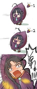 Rule 34 | 1girl, ahoge, awa subaru, ayataka syumimi, black hair, blush, commentary, detached ahoge, diagonal-striped clothes, diagonal-striped necktie, fang, food, food costume, food in mouth, food on face, girls band cry, grey skirt, hair ribbon, highres, long hair, necktie, open mouth, purple eyes, ribbon, sidelocks, skirt, striped clothes, sweet potato, tearing up, white background