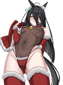 ahoge animal_ears bell bikini black_hair blush breasts cape capelet christmas closed_mouth covered_navel detached_sleeves earrings fur-trimmed_bikini fur-trimmed_thighhighs fur_trim gluteal_fold hair_between_eyes highres holding holding_unworn_cape holding_unworn_clothes horse_ears horse_girl horse_tail jewelry lengkuass leotard long_bangs long_hair looking_at_viewer looking_down manhattan_cafe_(umamusume) multicolored_hair red_bikini red_capelet red_sleeves red_thighhighs santa_bikini santa_costume see-through_clothes see-through_leotard simple_background single_earring small_breasts smile solo swimsuit tail thighhighs umamusume unworn_cape very_long_hair white_background white_hair yellow_eyes