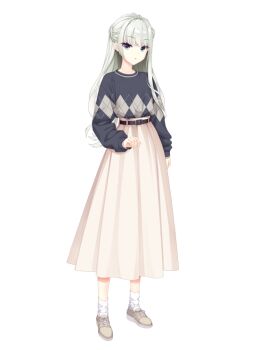 Rule 34 | 1girl, belt, blue eyes, full body, grey hair, kobuichi, koishikawa miku, limelight lemonade jam, long hair, long skirt, long sleeves, looking at viewer, official art, open mouth, pink skirt, shoes, skirt, sneakers, socks, solo, sweater, tachi-e, transparent background, very long hair, white socks, yuzusoft
