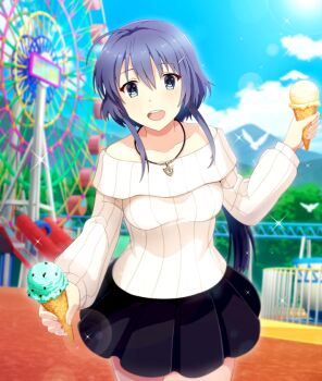 1girl :d ahoge amusement_park animal bare_shoulders bird black_skirt blue_eyes blue_hair blue_sky cloud collarbone cowboy_shot day dot_nose ferris_wheel game_cg hair_ornament hairclip holding holding_ice_cream_cone ice_cream_cone incoming_food jewelry lens_flare long_hair long_sleeves looking_at_viewer low_ponytail mint_chocolate mole mole_under_eye mountain necklace off-shoulder_sweater off_shoulder official_art open_mouth outdoors ponytail railing ribbed_sweater setouchi_chie sidelocks skirt sky smile solo sparkle spinning_teacup sun sweater teeth third-party_source toji_no_miko toji_no_miko:_kizamishi_issen_no_tomoshibi upper_teeth_only vanilla white_bird white_sweater