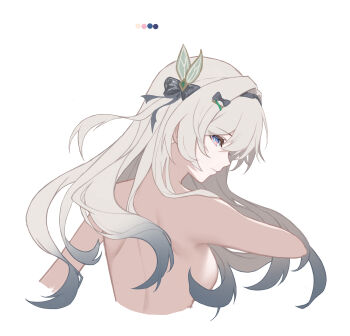 1girl absurdres black_bow black_hairband bow breasts changgeng_changgeng! chinese_commentary commentary_request firefly_(honkai:_star_rail) grey_hair hair_bow hair_intakes hair_ornament hairband hairclip highres holding honkai:_star_rail honkai_(series) long_hair looking_at_viewer nude purple_eyes simple_background small_breasts solo upper_body white_background