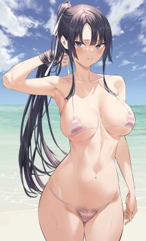 1girl areola_slip arm_up armpits beach bikini black_hair blue_sky blush breasts cleavage cloud collarbone covered_erect_nipples cowboy_shot day female_pubic_hair gluteal_fold groin highres hiiragi_yuuichi horizon large_breasts long_hair looking_at_viewer mask micro_bikini mouth_mask navel ocean original outdoors paid_reward_available ponytail pubic_hair pubic_hair_peek purple_eyes sidelocks skindentation sky solo source_request standing string_bikini striped_bikini striped_clothes surgical_mask swimsuit very_long_hair water