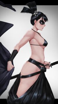 1girl absurdres belt bikini black_bikini black_hair black_mask bluecup blush cowboy_shot from_side highres holding holding_sword holding_weapon long_hair one-punch_man profile shadow_ring_(one-punch_man) solo swimsuit sword weapon