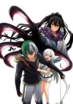 1girl 2boys animal_hands aqua_boots arrow_(projectile) black_hair black_shirt blue_eyes blush boots bow_(weapon) breasts claws closed_mouth crossed_bangs empty_eyes facepaint fur-trimmed_kimono fur_trim futoku_no_guild hadesman_(futoku_no_guild) hair_between_eyes highres holding holding_bow_(weapon) holding_weapon japanese_clothes kikuru_madan kimono long_hair long_sleeves looking_at_viewer mage_staff magyo maidena_angers multicolored_hair multiple_boys non-web_source official_art open_hand open_mouth outstretched_arm pants quiver reaching reaching_towards_viewer red_eyes shirt short_hair short_shorts short_sleeves shorts sidelocks simple_background small_breasts staff standing teeth upper_teeth_only v-shaped_eyebrows very_long_hair weapon white_background white_pants white_shirt white_shorts wide_ponytail wide_sleeves yellow_eyes