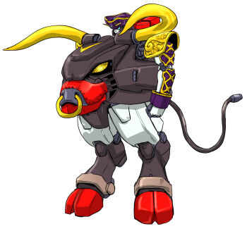 alternate_form aqua_eyes armor bull clenched_hand commentary_request cow_horns cow_tail face_piercing g_gundam gundam hat highres hooves horns joints ledjoker07 matador_gundam mecha mobile_suit no_humans no_pupils nose_piercing nose_ring partial_commentary piercing robot robot_joints science_fiction shoulder_armor tail v-fin yellow_eyes