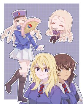 andou_(girls_und_panzer) bc_freedom_(emblem) bc_freedom_military_uniform bc_freedom_school_uniform blonde_hair blue_jacket dark-skinned_female dark_skin drill_hair emblem folding_fan girls_und_panzer green_eyes hand_fan hat high_collar highres jacket kepi looking_at_viewer marie_(girls_und_panzer) military_hat oshida_(girls_und_panzer) school_uniform skirt smile sweater_around_neck white_skirt