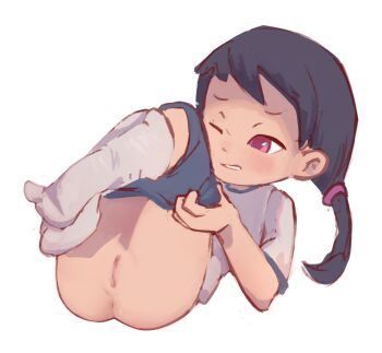 1girl anus ass black_hair clothes_pull female_focus gym_uniform highres legs_up loli lying on_back one_eye_closed original orphira pink_eyes pulling_own_clothes pussy shirt shoes shorts shorts_pull socks solo teeth twintails uncensored undressing white_background