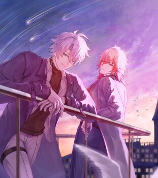 Rule 34 | 2boys, absurdres, against railing, antenna hair, black sweater, blonde hair, blue coat, blue eyes, braid, chest tattoo, chinese commentary, coat, collared shirt, commentary request, facial tattoo, gradient hair, hand on railing, highres, honkai: star rail, honkai (series), huabuhaosecaibugaitouxiang, male focus, medium hair, multicolored hair, multiple boys, mydei (honkai: star rail), official alternate costume, open clothes, open coat, open shirt, pants, parted bangs, phainon (honkai: star rail), phainon (luckin coffee) (honkai: star rail), railing, red hair, shirt, short hair, side braid, sky, sweater, tattoo, thigh strap, turtleneck, turtleneck sweater, white hair, white pants, white shirt, yellow eyes