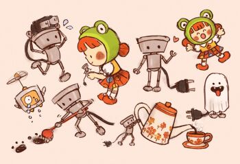 1girl animal_costume blush_stickers character_request chibi chibi-robo! chibi_robo chibi_robo_(game) cup dress fangs frog_costume ghost_costume heart highres jenny_sanderson juliet_sleeves long_sleeves multiple_views nintendo open_mouth pink_background plug propeller puffy_sleeves red_hair robot short_twintails sweatdrop teacup teapot telly tongue tongue_out twintails