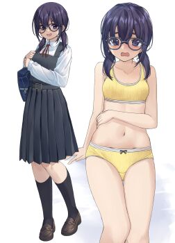 1girl @_@ absurdres bare_arms bare_shoulders black_socks blush bow bow_panties bra breasts brown_shoes collarbone collared_shirt commentary_request dress glasses grey-framed_eyewear hair_over_shoulder highres jimiko loafers long_sleeves low_twintails multiple_views navel neck_ribbon open_mouth original panties pinafore_dress pleated_dress puffy_long_sleeves puffy_sleeves purple_eyes purple_hair red_ribbon ribbon sekira_ame shadow shirt shoes sitting sleeveless sleeveless_dress sleeves_past_wrists small_breasts smile socks standing tears twintails underwear underwear_only wavy_mouth white_background white_shirt yellow_bra yellow_panties