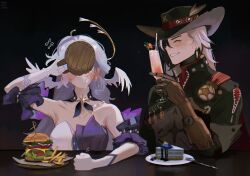 Rule 34 | 1boy, 1girl, ^ ^, absurdres, bare shoulders, beer mug, black background, black hat, black jacket, blush, boothill (honkai: star rail), burger, cake, champagne flute, closed eyes, commentary, cup, detached sleeves, dress, drinking glass, food, french fries, gloves, grey hair, grin, hat, head wings, highres, holding, holding cup, honkai: star rail, honkai (series), jacket, mug, robin (honkai: star rail), short sleeves, smile, strapless, strapless dress, tangerine 93, white gloves, white hair, wings
