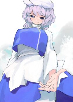 1girl beckoning blue_skirt blue_vest blush breasts bright_pupils commentary crop_top crop_top_overhang hat highres large_breasts letty_whiterock long_sleeves looking_at_viewer medium_hair mizuki_0630 purple_hair shirt skirt smile solo touhou vest white_hat white_pupils white_shirt