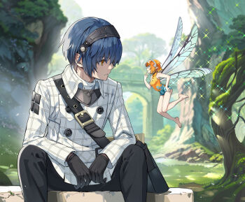 1boy 1girl arch bare_shoulders black_pants blue_eyes blue_hair collared_coat commentary_request fairy fairy_wings gallica_(metaphor:_refantazio) hairband leotard looking_at_another metal_hairband metaphor:_refantazio mini_person minigirl multicolored_leotard nyoro_(nyoronyoro000) orange_eyes orange_hair outdoors pants patterned_clothing print_leotard protagonist_(metaphor:_refantazio) short_hair silver_hairband sitting sky sparkle strap tree two-tone_leotard winged_headwear wings