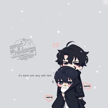 2boys ahoge biyoo_(omniscient_reader&#039;s_viewpoint) black_eyes black_hair chibi chibi_only english_text feet_out_of_frame furrowed_brow heart height_difference highres kim_dokja kimidori_22 looking_at_viewer male_focus multiple_boys omniscient_reader&#039;s_viewpoint shared_clothes shared_coat short_hair snow yaoi yoo_joonghyuk