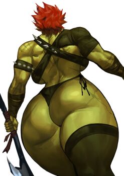1girl absurdres ass asymmetrical_legwear axe back backboob breasts cassandra_(virgoart) clenched_hand colored_skin commentary contrapposto cowboy_shot criss-cross_halter dutch_angle english_commentary female_orc foreshortening from_behind from_below green_skin halterneck highres holding holding_axe holding_weapon huge_ass huge_breasts muscular muscular_female nude orc original perspective red_hair scar scar_on_arm scar_on_ass scar_on_back short_hair simple_background solo spiked_hair standing thong virgoart weapon white_background