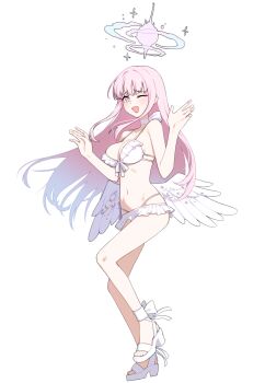 1girl angel_wings aqua_hair artpatient bare_arms bare_shoulders bikini blue_archive blush breasts choker cleavage closed_mouth collarbone commentary_request feathered_wings full_body gradient_hair halo highres long_hair low_wings medium_breasts mika_(blue_archive) mika_(swimsuit)_(blue_archive) multicolored_hair navel official_alternate_costume official_alternate_hairstyle one_eye_closed pink_hair pink_halo simple_background smile solo stomach swimsuit thighs white_background white_bikini white_choker wing_ornament wings yellow_eyes