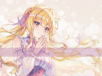 1girl bare_shoulders blonde_hair breasts character_request closed_mouth commission copyright_request long_hair medium_breasts smile solo tubering twitter_username upper_body yellow_eyes