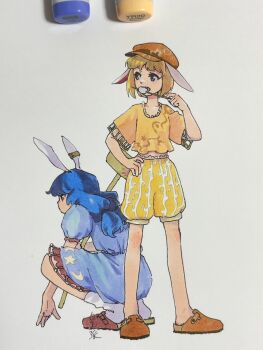 Rule 34 | 2girls, animal ears, art tools in frame, ascot, blonde hair, blue dress, brown hat, brown shoes, commentary, dango, dress, ear covers, eating, food, full body, hand on own hip, hat, highres, holding, holding skewer, long hair, mallet, marker (medium), multiple girls, puffy short sleeves, puffy sleeves, rabbit ears, rabbit girl, ringo (touhou), seiran (touhou), shiratama (hockey), shirt, shoes, short hair, short sleeves, shorts, signature, skewer, socks, squatting, standing, touhou, traditional media, untranslatable commentary, wagashi, white socks, yellow ascot, yellow shirt, yellow shorts