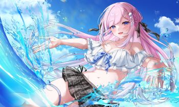 1girl bare_shoulders bikini bikini_top_only black_ribbon black_skirt blue_eyes blue_ribbon blue_sky braid breasts cleavage cloud commentary_request commission frills hair_ornament hair_ribbon highres indie_virtual_youtuber long_hair looking_at_viewer medium_breasts mei_hinamatsu miniskirt navel off-shoulder_bikini off_shoulder open_mouth outstretched_arms partially_submerged pink_hair plaid_clothes plaid_ribbon plaid_skirt ribbon ruffle_bikini second-party_source skirt sky smile solo splashing swimsuit tansansui_(vtuber) thigh_strap virtual_youtuber water white_bikini