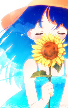 1girl alternate_hairstyle artist_name blue_dress blue_hair blue_sky brown_hat casual closed_eyes cloud cloudy_sky commentary double_exposure dress facing_viewer flower hair_down hat hirogaru_sky!_precure holding holding_flower jewelry kyanos_(b_0000ff) ocean precure ring signature sky sleeveless sleeveless_dress smelling smelling_flower solo sora_harewataru spaghetti_strap sparkle straw_hat sun_hat sundress sunflower upper_body wind