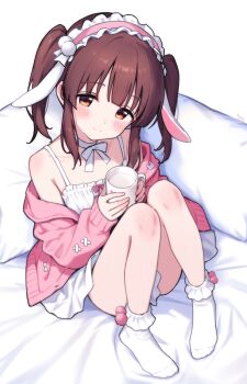 1girl absurdres animal_ears armpit_crease bare_shoulders bed_sheet bow bow_choker choker closed_mouth commentary_request cup dress fake_animal_ears full_body hairband head_tilt highres holding holding_cup idolmaster idolmaster_cinderella_girls jacket jia_wenyuan lolita_hairband long_hair long_sleeves looking_at_viewer mug no_shoes ogata_chieri open_clothes open_jacket pillow pink_hairband pink_jacket rabbit_ears red_eyes red_hair sitting sleeveless sleeveless_dress smile socks solo split_mouth twintails white_bow white_choker white_dress white_socks