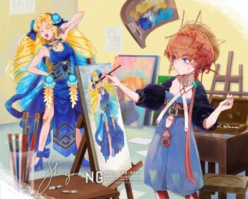 2girls :d arm_up astraea_(fate) bare_arms bare_shoulders blonde_hair blue_dress blue_eyes blue_pants blue_shoes breasts cleavage closed_eyes closed_mouth commentary_request dress fate/grand_order fate_(series) feet_out_of_frame hat high_heels highres holding holding_paintbrush long_hair modeling multiple_girls navel open_mouth orange_hair paintbrush painting_(action) painting_(object) pants parted_bangs shimogamo_(shimomo_12) shoes sleeveless sleeveless_dress smile standing striped_hat three-quarter_sleeves van_gogh_(fate) van_gogh_(first_ascension)_(fate) yellow_hat