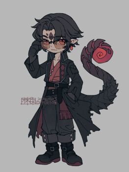 1boy adjusting_eyewear baggy_pants black_coat black_hair boots coat commentary deformed full_body grey_background hand_in_pocket highres lizard_tail looking_at_viewer male_focus orange-tinted_eyewear original pants pointy_ears red_eyes reptile_boy short_hair shuini_xiaomao simple_background slit_pupils solo standing sunglasses symbol-only_commentary tail tinted_eyewear torn_clothes torn_coat