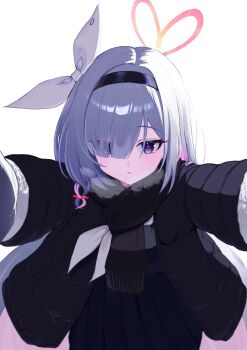 Rule 34 | 1girl, black coat, black hairband, black scarf, blue archive, blue skirt, bow, breath, bright pupils, coat, commentary, cowboy shot, dacchi (gg0329), eyes visible through hair, grey eyes, grey hair, hair bow, hair over one eye, hairband, halo, heart, heart halo, korean commentary, long bangs, long hair, long sleeves, looking at viewer, neckerchief, open clothes, open coat, parted bangs, parted lips, pink halo, pink pupils, plana (blue archive), pleated skirt, scarf, simple background, skirt, solo, standing, straight hair, white background, white bow, white neckerchief, winter clothes, winter coat