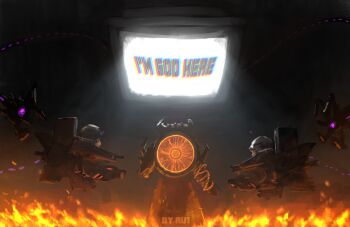 Rule 34 | 4boys, absurdres, artist name, barbed wire, cloud ruan99543, commentary, english commentary, english text, fire, floating, flying, glowing, highres, jeffrey, laser cannon, looking at another, mechanical arms, multiple boys, object head, obliterator astro toilet, size difference, skibidi toilet (series), standing, television, watchman of doom (titan tv man)