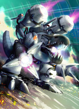 Rule 34 | arm cannon, claw (weapon), digimon, digimon (creature), full body, highres, mouth cannon, mugendramon, no humans, non-humanoid robot, open mouth, robot, robot dragon, shoulder cannon, weapon, yuriyuri (ccc)
