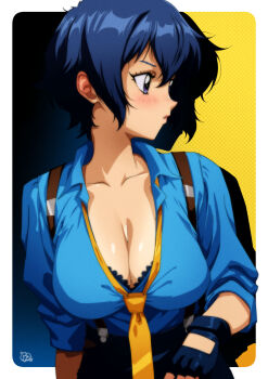 1girl absurdres alternate_breast_size_(larger) blue_eyes blue_hair blue_shirt border breasts cleavage fingerless_gloves gloves gravydood highres large_breasts light_blush loose_necktie necktie outside_border persona persona_4 persona_4:_the_ultimate_in_mayonaka_arena profile shirogane_naoto shirt short_hair solo tomboy upper_body white_border yellow_necktie