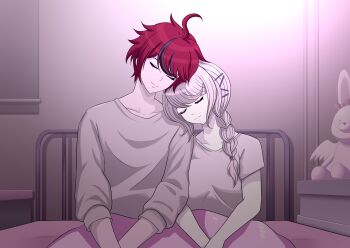 Rule 34 | 1boy, 1girl, auromnsolar, bed, bedroom, blanket, braid, closed eyes, couple, head on another's shoulder, hetero, highres, indoors, kirifuji nozomi, leaning on person, rabbit, red hair, shirt, sleeping, stuffed toy, sumino takumi, the hundred line -last defense academy-, white hair