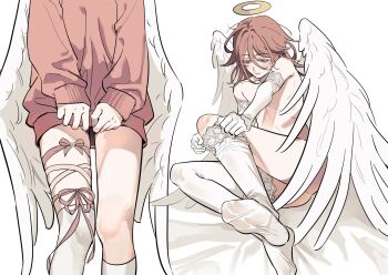 1boy androgynous angel angel_devil_(chainsaw_man) angel_wings chainsaw_man elbow_gloves feathered_wings gloves halo highres leg_ribbon male_focus medium_hair pink_ribbon red_hair ribbon simple_background thighhighs traditional_halo tus_oo white_background white_thighhighs white_wings wings