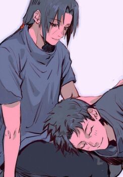 2boys black_hair black_shirt blush closed_mouth commentary curtained_hair english_commentary hair_tie highres lap_pillow long_hair male_focus momoyoru1 multiple_boys naruto_(series) naruto_shippuuden shirt short_hair sideburns simple_background sleeping sleeping_on_person smile uchiha_itachi uchiha_shisui white_background yaoi