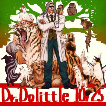 1boy alternate_costume animal_focus animal_request big_nose bird chicken crossed_arms doctor dog duck full_body highres hunter_x_hunter lab_coat long_hair looking_to_the_side male_focus monkey morel_mackernasey mouse_(animal) necktie nkwtsrsk_hh no_eyebrows owl penguin shirt smile standing sunglasses tiger wrinkled_skin