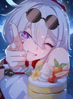 1girl absurdres blue_eyes cake chinese_commentary commentary_request eyewear_on_head finger_gun food glasses grin hair_between_eyes heart heart_sticker highres honkai_(series) honkai_impact_3rd kiana_kaslana looking_at_viewer m78_zaitaoaotezhanshi one_eye_closed pince-nez portrait purple_pupils round_eyewear smile solo star-shaped_pupils star_(symbol) sticker sticker_on_face sunglasses symbol-shaped_pupils white_hair