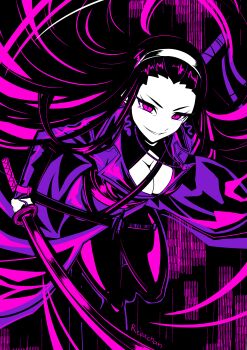 1girl absurdres belt black_hair black_pants breasts cleavage coat hair_slicked_back hairband highres holding holding_sword holding_weapon iori_(project_moon) katana library_of_ruina limited_palette long_hair looking_at_viewer pants parted_lips project_moon purple_belt purple_coat revachan smile solo sword very_long_hair weapon white_hairband