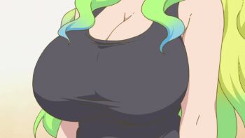 1girl animated animated_gif anime_screenshot ass ass_focus big_breasts black_shirt blonde_hair breast_focus breasts cleavage denim denim_shorts dragon_girl gluteal_fold kobayashi-san_chi_no_maidragon long_hair lucoa_(maidragon) revealing_clothes shirt shorts sleeveless sleeveless_shirt solo standing