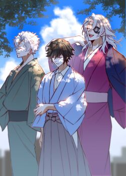 3boys alternate_costume alternate_hair_length alternate_hairstyle black_hair black_hakama blue_sky cloud cloudy_sky collared_shirt eyepatch green_kimono hakama japanese_clothes kimetsu_no_yaiba kimono long_hair male_focus multiple_boys one_eye_covered open_mouth parted_lips pink_kimono shinazugawa_sanemi shirt short_hair sky smile standing t_ei_to teeth tomioka_giyuu upper_teeth_only uzui_tengen white_hair white_shirt