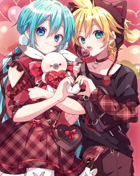 1boy 1girl :o animal_hat black_shirt blonde_hair blue_eyes blue_hair blue_nails blush brown_hat candy cat_hat choker closed_mouth collarbone commentary_request cowboy_shot double-parted_bangs dress food green_eyes hair_between_eyes hat hatsune_miku heart heart-shaped_food heart-shaped_lollipop heart_choker heart_hands heart_hands_duo highres holding holding_food kagamine_len kaho_0102 layered_sleeves lollipop long_hair long_sleeves looking_at_viewer low_twintails nail_polish open_mouth pants plaid_clothes plaid_dress rabbit_yukine red_background red_choker red_dress red_pants shaped_lollipop shirt short_hair short_over_long_sleeves short_sleeves smile twintails unmoving_pattern valentine vocaloid yellow_nails