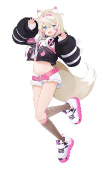 1girl 3d :3 :d ahoge amanoern animal_collar animal_ears bandaid bandaid_hair_ornament belt black_collar blonde_hair blue_eyes blush chain claw_pose collar cropped_jacket cropped_shirt crossed_bangs dog_ears dog_girl dog_tail double-parted_bangs drawstring fake_horns fingernails fishnet_socks fishnets frilled_shorts frills full_body hair_between_eyes hair_intakes hair_ornament hairband hands_up headphones headphones_around_neck highres hololive hololive_english horn_hairband jumping kneehighs leg_up long_sleeves looking_at_viewer midriff mococo_abyssgard mococo_abyssgard_(1st_costume) multicolored_hair nail_polish navel official_art open_mouth pink_belt pink_hair pink_hairband pink_nails puffy_long_sleeves puffy_sleeves second-party_source shirt shoes short_hair short_shorts shorts simple_background smile sneakers socks solo streaked_hair tail transparent_background two-tone_hair two_side_up virtual_youtuber white_footwear white_shirt white_shoes white_shorts x_hair_ornament